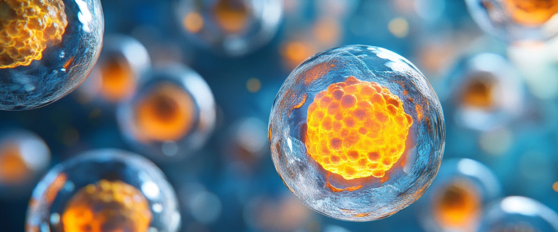 An illustration of cell oxidative stress, an orange cell against a blue background