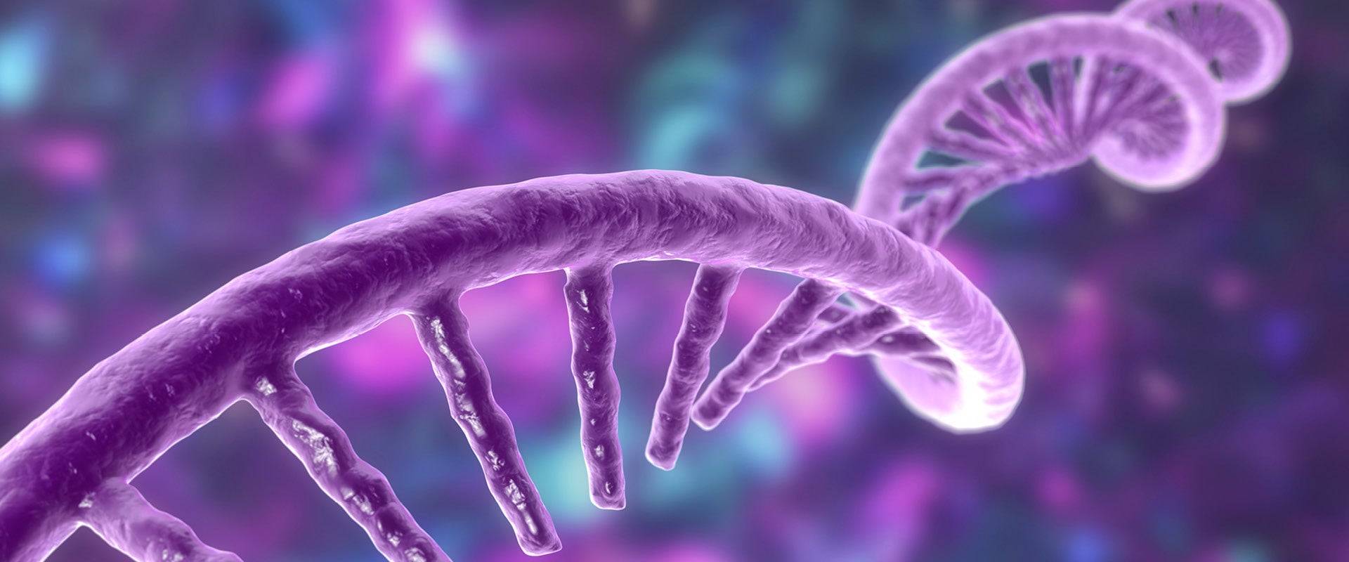 A purple RNA strand illustrating oral small molecule splicing
